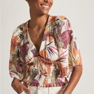 Anthropologie size medium low cut floral blouse tie back detail #floralblouse